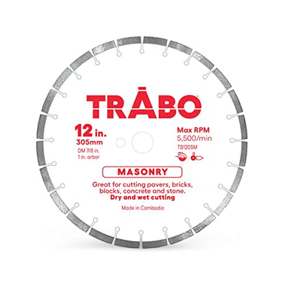 Trabo 12 Inch Masonry Segmented Rim Diamond Bond Blade for Cutting Cement, Pavers, Concrete with Rebar, Natural Stone and More, with 1 Inch Arbor - size: 12 Inch