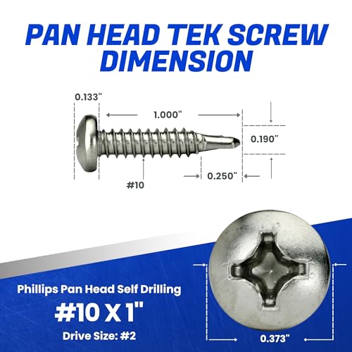 Fastenere Pan Head Self Drilling Tek Screws - #10 x 1 (50 Pack) Stainless Steel 410, Full Thread, Bright Plain Finish, Corrosion-Resistant, Self-Drilling, Easy to Install w/Phillips Drive Size #2 - size: #10 x 1" (50 Pack)