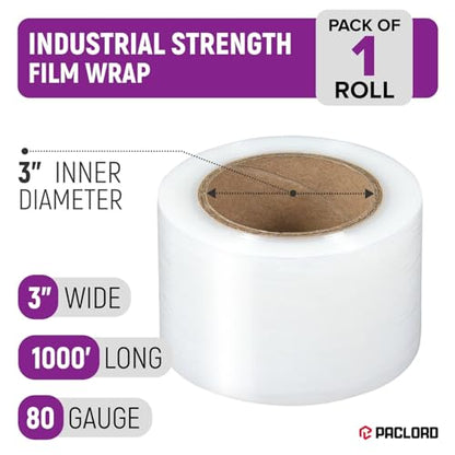 3" x 1000' Industrial Strength Stretch Wrap, Ready to Use Pack of 1 Mini Roll, Clear Plastic Film, 80 Gauge Thick, 500% Elongation – Heavy-Duty Shrink Wrap for Moving, Packing - color: 3" Wide, size: Pack of 1