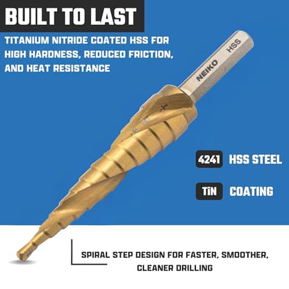 NEIKO 10600A Step Drill Bit, 13 Steps 1/8" to 1/2" Spiral High Speed Steel, Titanium Nitride Coated, 1/4" Tri Flat Step Bits for Steel, Metal, Wood, Plastic, Unibit Cone Drill Bits, Two Flute - size: #1 (1/8 - 1/2", 13S), style: Spiral