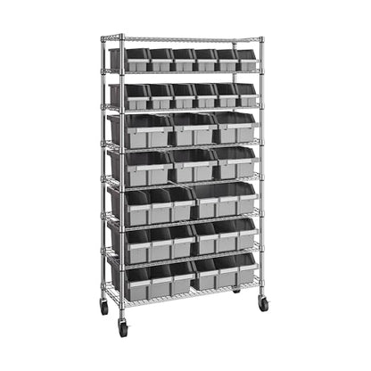 8-Tier NSF 24-Bin Steel Wire Shelving Rack, 36"W x 14.25"D x 63.5"H, Gray - color: Gray, size: 8-Tier Includes 24 Bins
