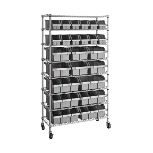 8-Tier NSF 24-Bin Steel Wire Shelving Rack, 36"W x 14.25"D x 63.5"H, Gray - color: Gray, size: 8-Tier Includes 24 Bins