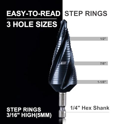 GRENPRO M35 Cobalt Step Drill Bit, 1/4"-1-1/8", TiAlN, 1/4" Hex Shank - size: 1/4"-1-1/8"