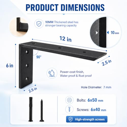 WINKER Countertop Support Bracket 3 Pack Heavy Duty 3/8" Thick Hidden L Shelf Bracket 12" x 6" x 2.5" Metal Corbels for Quartz/Granite/Wood/Concrete/Laminate Countertops, Black - size: 12″x6″x2.5″-3/8" thick, style: Black-3Pack