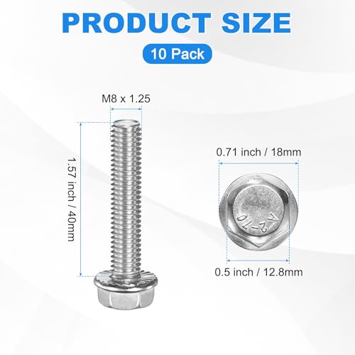 M METERXITY 10 Pack Flanged Hex Head Bolts, M8 x 40mm 304 Stainless Steel External Hex Drive Screws, Metric Fully Threaded Screw for Furniture Car DIY Project [Silver Tone] - size: M8 x 40mm