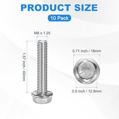 M METERXITY 10 Pack Flanged Hex Head Bolts, M8 x 40mm 304 Stainless Steel External Hex Drive Screws, Metric Fully Threaded Screw for Furniture Car DIY Project [Silver Tone] - size: M8 x 40mm