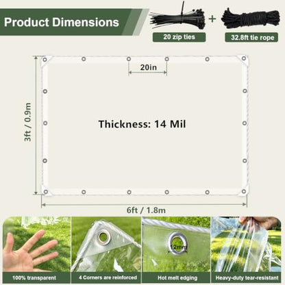 Clear Tarp with Grommets, Clear tarps Heavy Duty Waterproof，Clear Plastic Tarps with Reinforced Edge,14 Mil Tear-Resistant Clear Vinyl tarp,for Patios, Porches, Chicken Coops, Greenhouse, 3x6FT - size: 3' x 6'（0.9x1.8m）