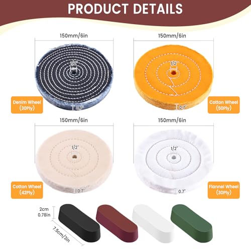 8PCS 6 Inch Buffing & Polishing Wheel Kit for Bench Grinder, 1/2" Arbor Hole, Denim/Yellow/White/Flannel Polishing Wheels with 4 Buffing Compound Set,Polishing Rouge Bars - size: 6 Inch - 8 PCS