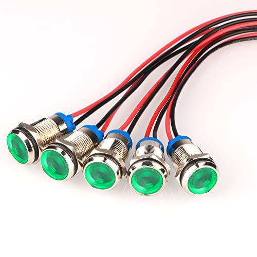 Gebildet 5pcs 10mm LED Metal Indicator Light AC/DC 12-24V Waterproof Signal Lamp Pilot Dash Directional with Wire(Green) - color: Green AC/DC 12-24V