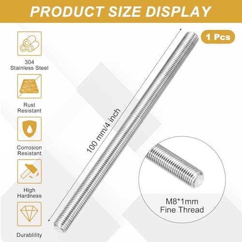 uxcell Fully Threaded Rod M8 x 1mm Pitch 100mm/4 Inch Threaded - size: M8x1mmx100mm