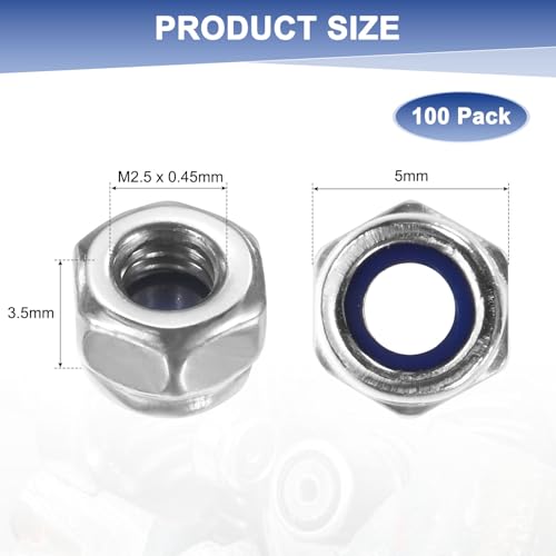 M METERXITY 100-Pack Nylon Insert Hex Lock Nuts, M2.5 x 0.45mm Thread 304 Stainless Steel Self-Locking Locknuts Hexagon Nut Metric Nuts for Machinery/Home Repair/Industrial Fasteners - size: M2.5 x 0.45mm