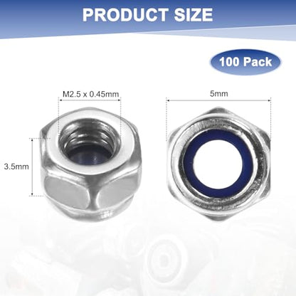 M METERXITY 100-Pack Nylon Insert Hex Lock Nuts, M2.5 x 0.45mm Thread 304 Stainless Steel Self-Locking Locknuts Hexagon Nut Metric Nuts for Machinery/Home Repair/Industrial Fasteners - size: M2.5 x 0.45mm