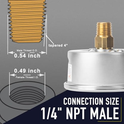 0-200 Psi Pressure Gauge, Liquid Filled, 1/4" NPT Back Mount - size: 0-200 Psi, style: Back Mount