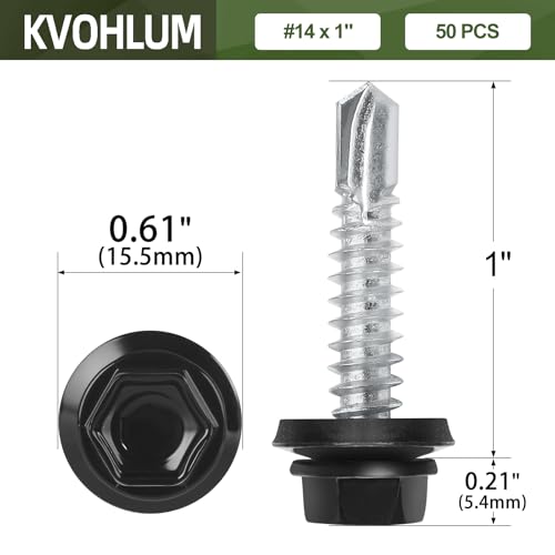 #14 x 1 (50 PCS) Black Metal Roofing Screws with Rubber Washer, Hex Head Self Tapping Screws for Metal, Self Drilling Sheet Metal Screw - size: #14 x 1"