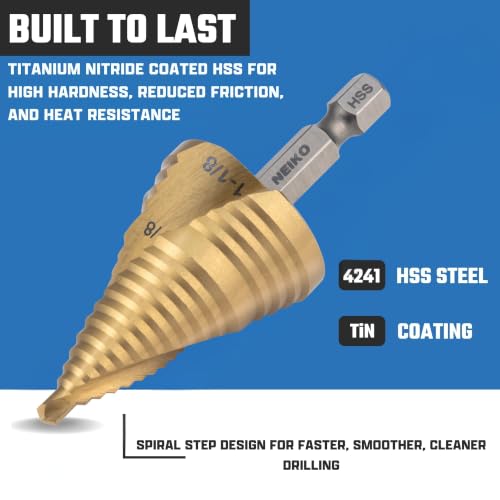 NEIKO 10629A Step Drill Bit, 2 Steps 7/8" to 1-1/8" Spiral High Speed Steel, Titanium Nitride Coated, 1/4" Quick Change Step Bits for Steel, Metal, Wood, Plastic, Unibit Cone Drill Bits, Two Flute - size: #9 (7/8 - 1-1/8", 2S), style: Spiral
