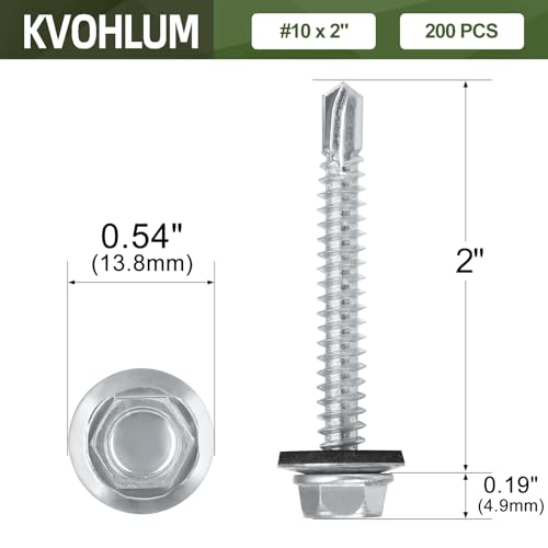 #10 x 2 (200 PCS) Metal Roofing Screws with Rubber Washer, Hex Head Self Tapping Screws for Metal, Self Drilling Sheet Metal Screw, Hex Bit Socket Included - size: #10 x 2"
