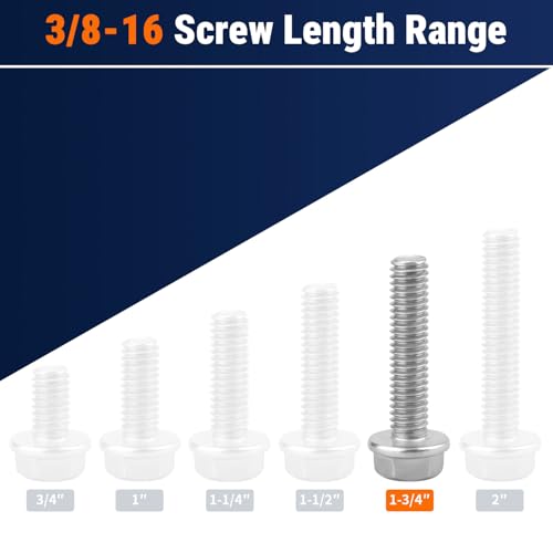 3/8-16 x 1-3/4" Flange Hex Bolts, 304 Stainless Steel 18-8, A2-70 Grade, Non-Serrated Flange Bolts for Automotive Repair, Fully Threaded, 10 Pcs - size: 3/8-16 x 1-3/4