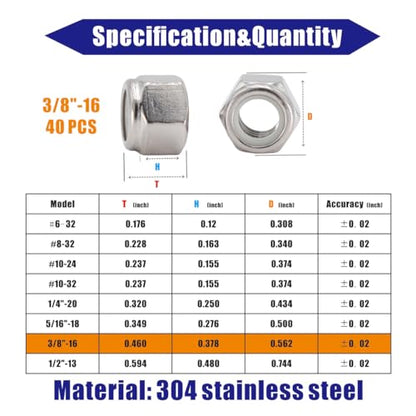 3/8-16 Lock Nut, 40Pcs 304 Stainless Steel Nylock Insert Locking Nuts - size: 3/8"-16（40 pcs）