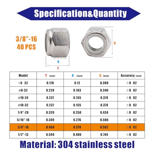 3/8-16 Lock Nut, 40Pcs 304 Stainless Steel Nylock Insert Locking Nuts - size: 3/8"-16（40 pcs）