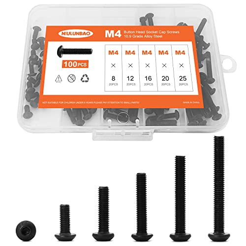 M4 x 8mm 12mm 16mm 20mm 25mm Button Head Socket Cap Screws Bolts, 10.9 Grade Alloy Steel Metric, Black Oxide Finish, Allen Hex Drive, Machine Fully Threaded, Assortment Kit 100PCS - size: M4 x 8/12/16/20/25mm (100PCS)