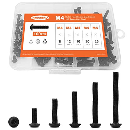 M4 x 8mm 12mm 16mm 20mm 25mm Button Head Socket Cap Screws Bolts, 10.9 Grade Alloy Steel Metric, Black Oxide Finish, Allen Hex Drive, Machine Fully Threaded, Assortment Kit 100PCS - size: M4 x 8/12/16/20/25mm (100PCS)