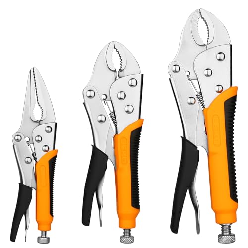 DEKOPRO 3-Piece Locking Pliers, Locking Jaw Plier, Vice Grips with Cr-V, 7" and 10" Curved Jaw Plier, 6-1/2" Long Nose Plier