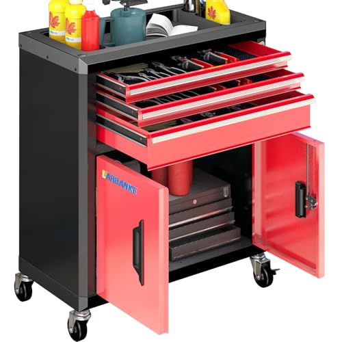 LARBANKE Rolling Tool Chest with 3 Drawers&2 Doors,Tool Chest with Wheels - color: Red, size: 3 drawer and double-door tool chest