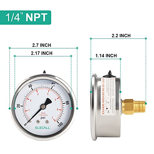 100psi Silicone Oil Filled Pressure Gauge for Water Oil Air Pressure Test in Pool Pump Sand Filter Air Compressor Water System, 2-1/2"Stainless Steel Case, Back Mount 1/4" NPT - size: 0-100 Psi, style: Back Mount