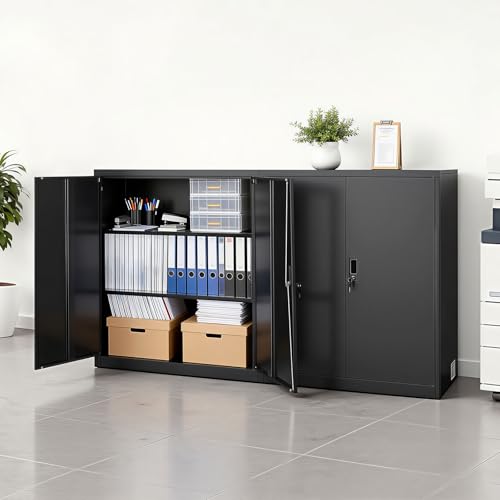 VEVOR Metal Storage Cabinet, 41.7 in Steel Garage Cabinet with 2 Adjustable Shelves, 2 Magnetic Doors & 2 Keys, 3 Tiers Lockable Tool Storage for Pantry, Warehouse, Basement, Office, Black - color: Black, size: 18"D x 36"W x 42"H