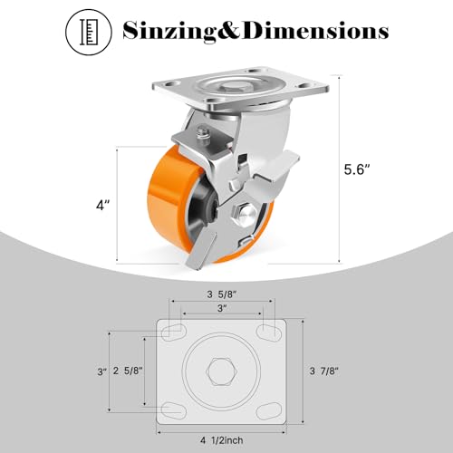 W B D WEIBIDA 4-Inch Industrial Grade Casters Wheels, Heavy Duty Casters Set of 4 with Brake 3200 Lbs, Maintenance-Free Polyurethane on Aluminum Wheels, Plate Swivel Casters for Machine, Workbench - size: 4 IN