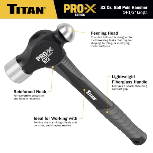 Titan Pro-X 63711 32oz Ball Pein Hammer, 14.5" Shock Absorbing Fiberglass Handle with Textured Rubber Grip, Overstrike Protection, Forged Steel Head