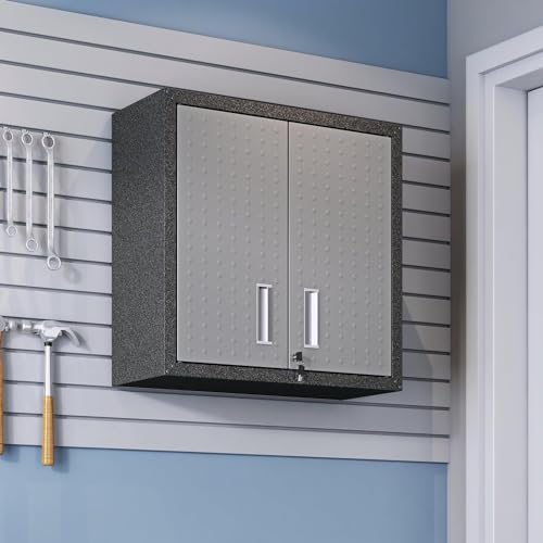 Manhattan Comfort Fortress Floating Garage Storage Cabinet with Adjustable Shelves and Lock, Recessed Handles, Metal Wall Mounted Lockable Utility Cabinet, Steel Garage Storage in Black and Grey - color: Black/Grey, style: Floating Cabinet