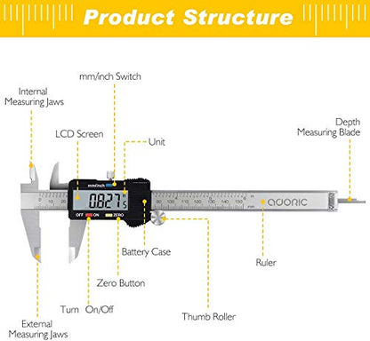 Adoric Digital Caliper, Electronic Digital Caliper Stainless Steel Body with Large LCD Screen | 0-6 Inches | Inch/Millimeter Conversion - color: Silver, size: 6"