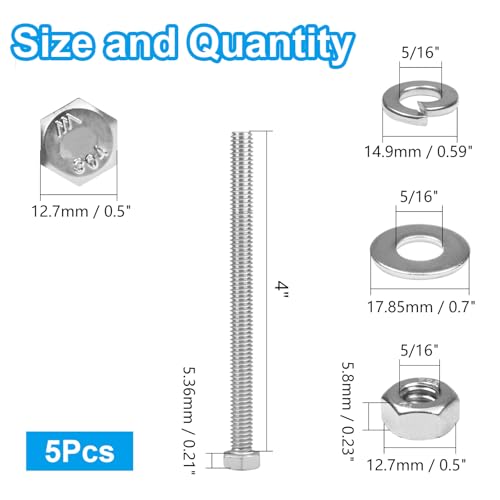 MroMax 5 Sets 5/16-18 x 4" Hex Head Screw Bolt, Nuts, Flat Washer & Spring Lock Washers Kits,Fully Threaded, Stainless Steel 18-8（304）, Bright Finish - size: 5/16-18 x 4" (5 Sets)