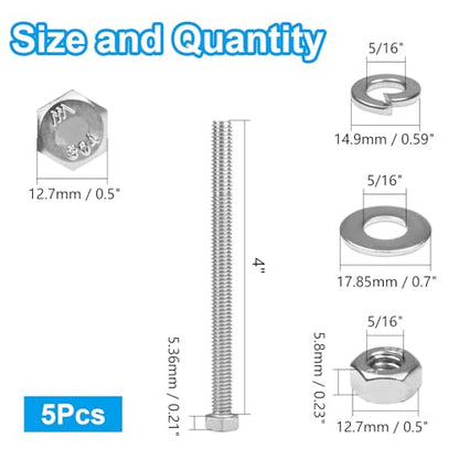 MroMax 5 Sets 5/16-18 x 4" Hex Head Screw Bolt, Nuts, Flat Washer & Spring Lock Washers Kits,Fully Threaded, Stainless Steel 18-8（304）, Bright Finish - size: 5/16-18 x 4" (5 Sets)