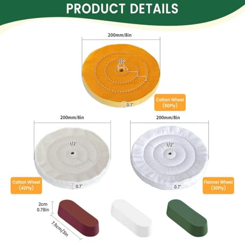 8 Inch Buffing & Polishing Wheel Kit for Bench Grinder, 1/2" Arbor Hole, 3 Polishing Wheels Yellow/White/Flannel with 3 Buffing Compound Set,Polishing Rouge Bar,Metal Aluminum Finishing Kit - size: 8 Inch - 6 PCS