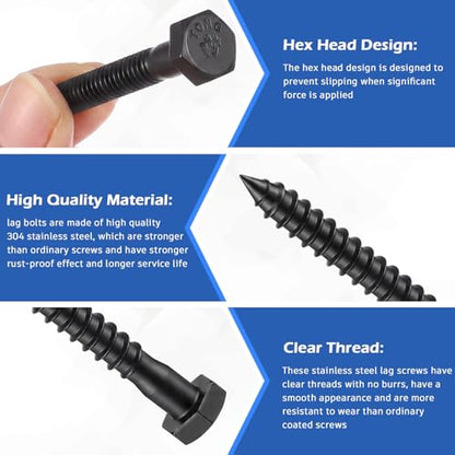 Zonon 100 Pcs 1/4" X 2" 304 Stainless Steel Lag Screw for Wood, Black - color: Black, size: 1/4" X 2"