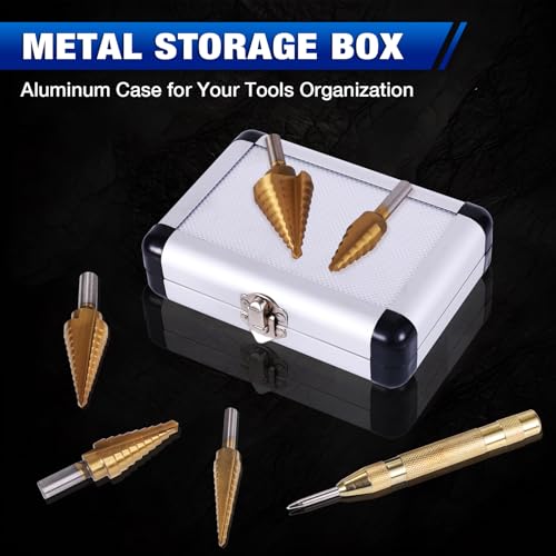 Step Drill Bits, 6PCS (50 Sizes) HSS Step Unibit Drill Bits with Automatic Center Punch, Double Cutting Blades, High-Speed Steel, Multiple Hole Stepped Up Bits for DIY Lovers with Aluminum Case