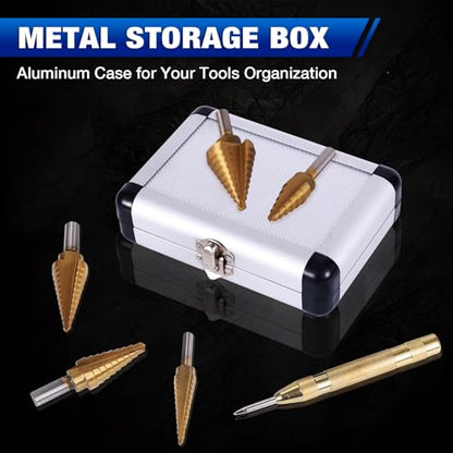 Step Drill Bits, 6PCS (50 Sizes) HSS Step Unibit Drill Bits with Automatic Center Punch, Double Cutting Blades, High-Speed Steel, Multiple Hole Stepped Up Bits for DIY Lovers with Aluminum Case