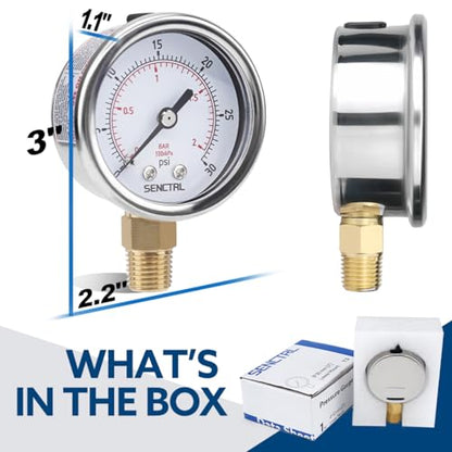 SENCTRL 0-30 Psi Low Pressure Gauge, 1/4 NPT Lower Mount - size: 0-30Psi, style: Lower Mount
