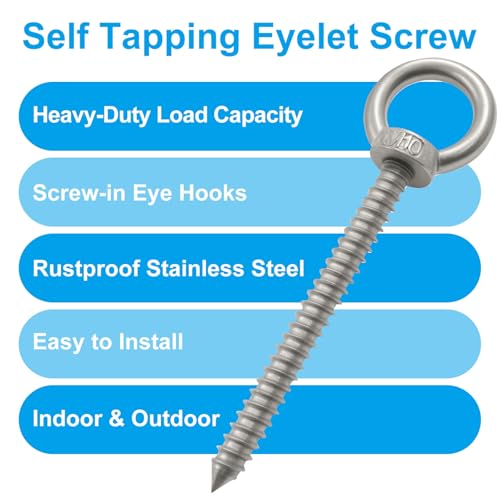 4pcs Heavy Duty Screw Eye Hooks M10-5.7 Inch Self Tapping Stainless Steel Eyelet Screw with 850 LBS Load Capacity for Hanging, Hammock & Swing Chair - size: 5.7 Inch