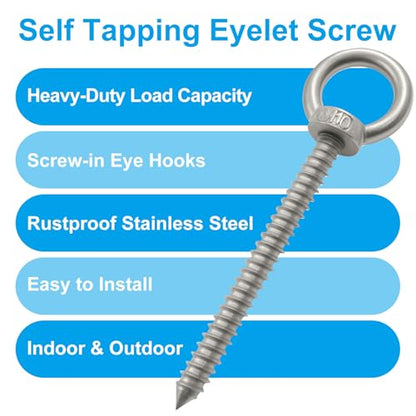4pcs Heavy Duty Screw Eye Hooks M10-5.7 Inch Self Tapping Stainless Steel Eyelet Screw with 850 LBS Load Capacity for Hanging, Hammock & Swing Chair - size: 5.7 Inch