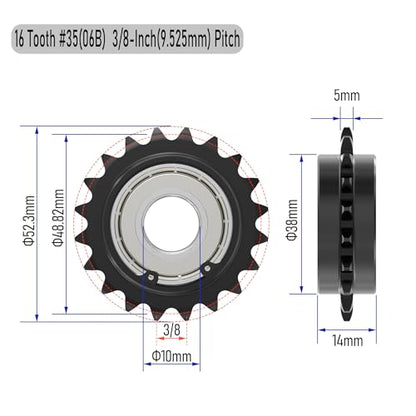 16 Tooth Roller Chain Sprocket, 49mm OD 8mm Bore 3/8" Pitch Chain Idler Sprocket, Single Bearing Black Oxide Finish C45 Carbon Steel for ISO 06B Chain - size: 10mm Bore 16 Tooth