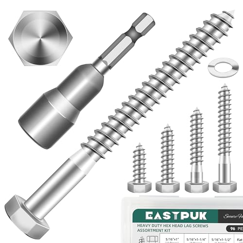 96Pcs 5/16" Hex Head Lag Screws, 304 Stainless Steel Wood Screws with Washers Kit with Socket, Bright Finish 5/16 Lag Bolts for Outdoor Woodworking - color: Silver, size: 5/16 Kit