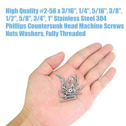 DYWISHKEY 256 Pieces #2-56 x 3/16", 1/4", 5/16", 3/8", 1/2", 5/8", 3/4", 1" Phillips Countersunk Head Machine Screws Nuts Washers Assortment Kit, 2-56 Screw Kit, 304 Stainless Steel - size: #2-56, style: Phillips Countersunk Head