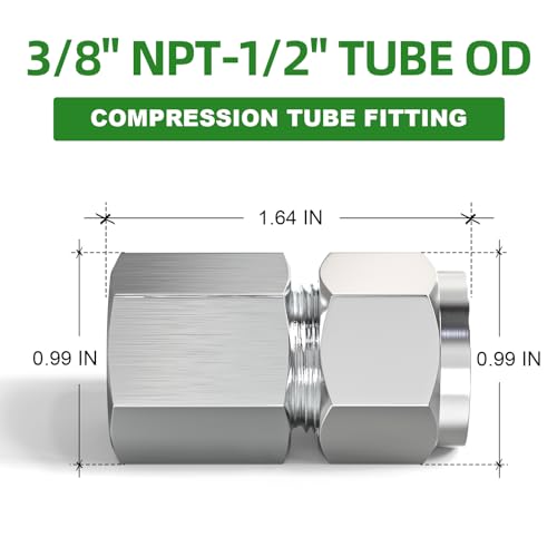 TAISHER 2PCS 304 Stainless Steel Compression Tube Pipe Fitting Connector, 1/2" Tube OD x 3/8" NPT Female Straight Adapter