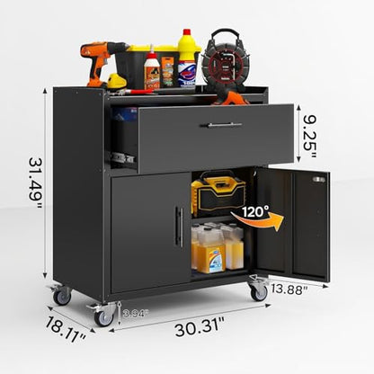 Metal Garage Storage Cabinet with Wheels, 35" H Large Capacity Rolling Tool Chest for Workshop, Garage, Cabinetry, 1 Drawer & 2 Locking Doors, Black - size: 35.4H*18.11D*30.31W