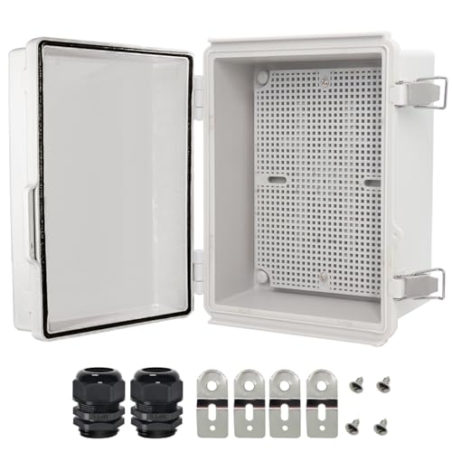Zulkit Junction Box,IP67 Waterproof Electrical Box Hinged Cover Stainless Steel Latch Plastic Enclosure for Project with Mounting Plate Wall Bracket and 2 Cable Gland Grey 8.7"x6.7"x4.3"/220x170x110mm - color: Grey Cover, size: 8.7"x6.7"x4.3"