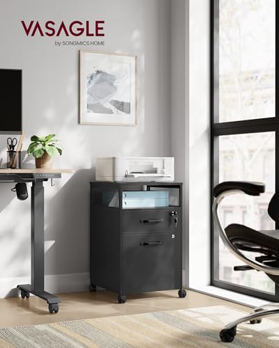 VASAGLE 2 Drawer File Cabinet with Lock, Rolling Printer Stand - color: Ink Black, size: with Lock and Fences