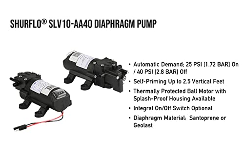 PENTAIR SHURFLO SLV10-AA40 12VDC Low Volume Automatic Demand Diaphragm Pump For Low Flow Spraying and Transfer, 1.0 GPM, 40 PSI, Pressure Switch, Self-Priming